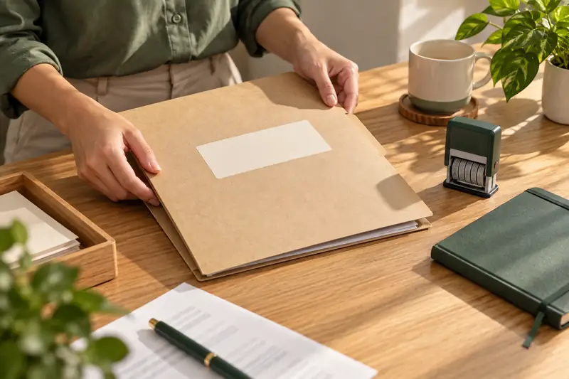 Folder rujukan dan buku nota di meja