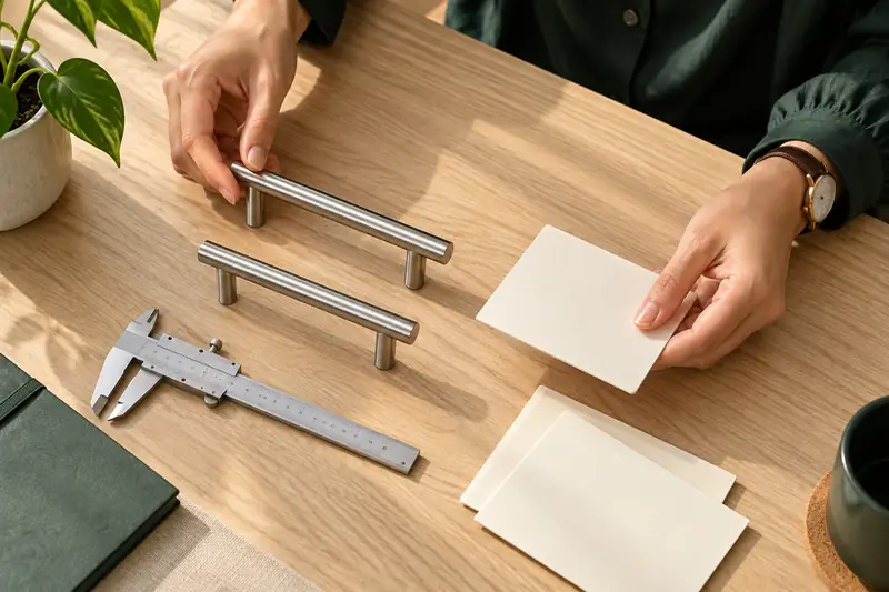 Cabinet handles and a measuring tool for identifying material
