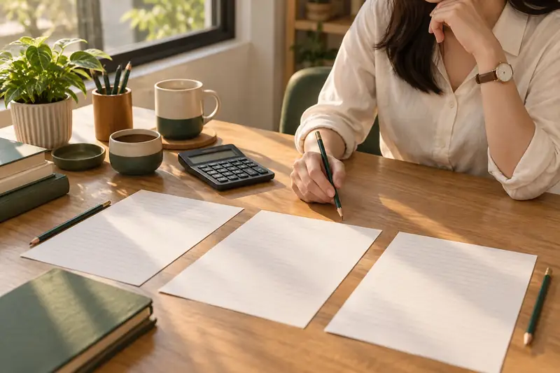 Calculator, cups and separate sheets for checking figures